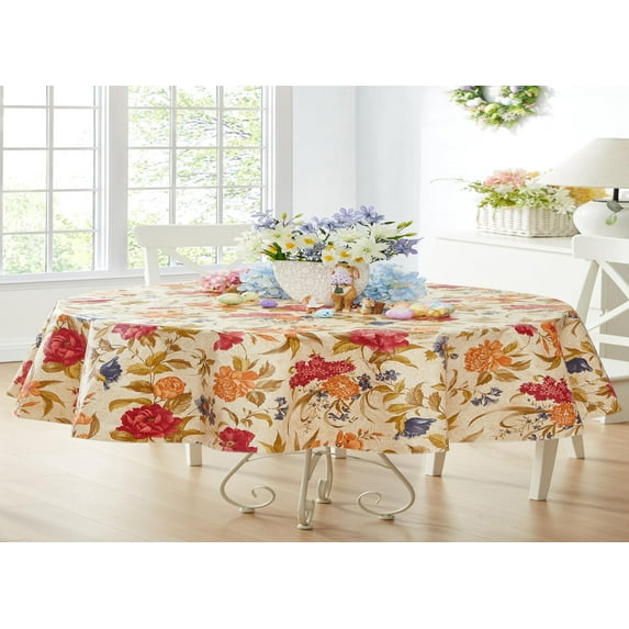 Newbridge Nicolette French Floral Garden 60 x 84 inch Oval Flannel Backed Vinyl Tablecloth
