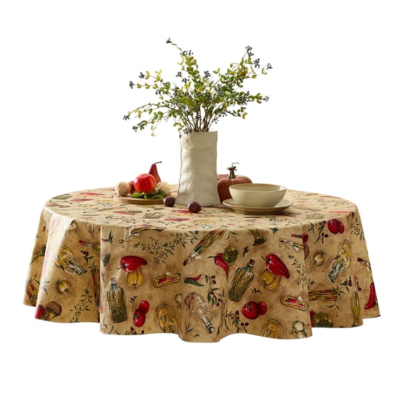 Newbridge Tuscan Oil and Vinegar Vinyl Tablecloth with Flannel Backing, Tuscany Olive Oil Bottle Print, Wipe Clean Easy Care, 70 Inch Round