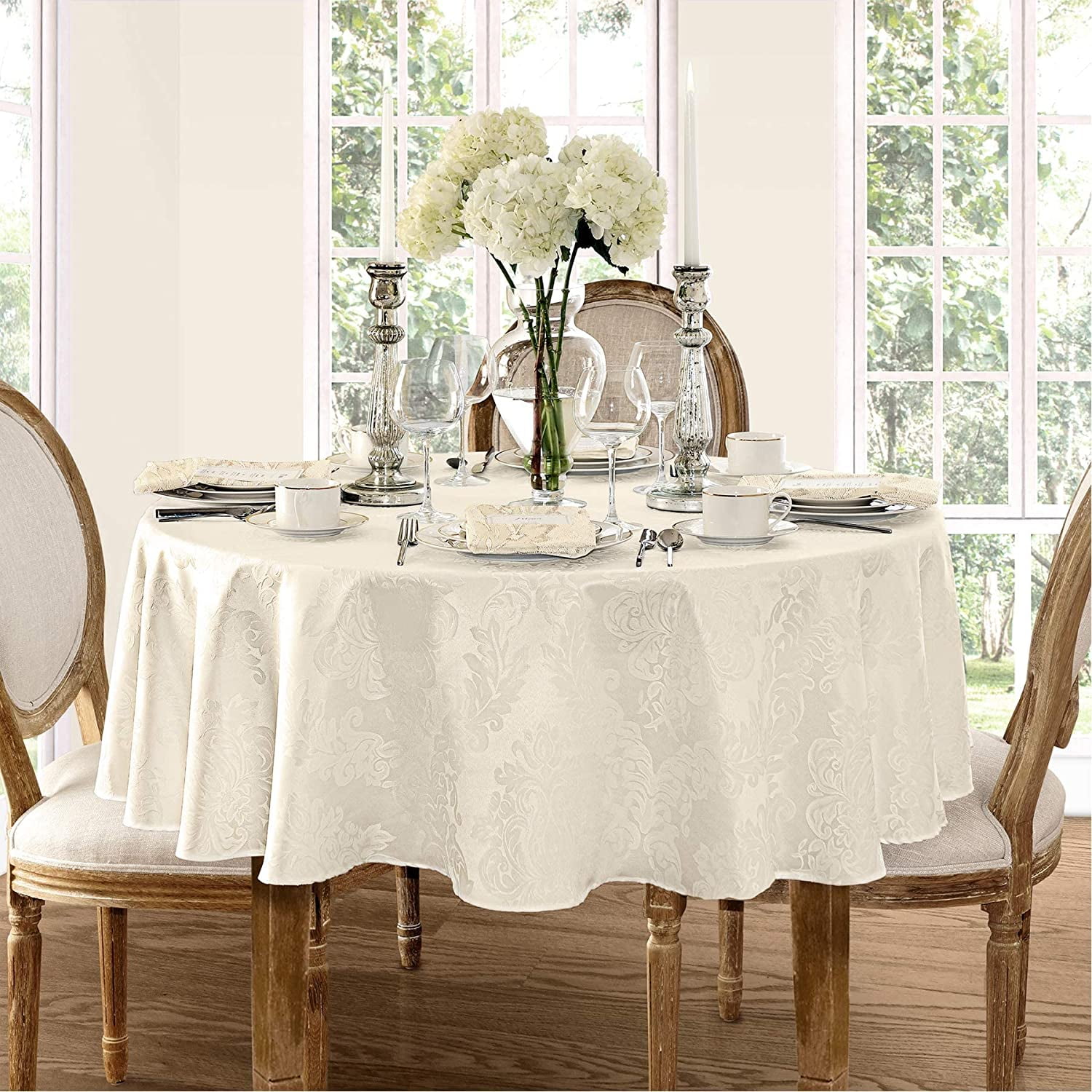 Newbridge Oval Fabric Tablecloth, 60 x 102 Inch, Barcelona Damask, No Iron Soil Resistant Dining Room Table Cloth, Antique White
