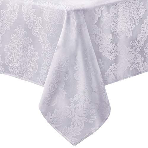Newbridge Oval Fabric Tablecloth, 60 x 102 Inch, Barcelona Damask, No Iron Soil Resistant Dining Room Table Cloth, White