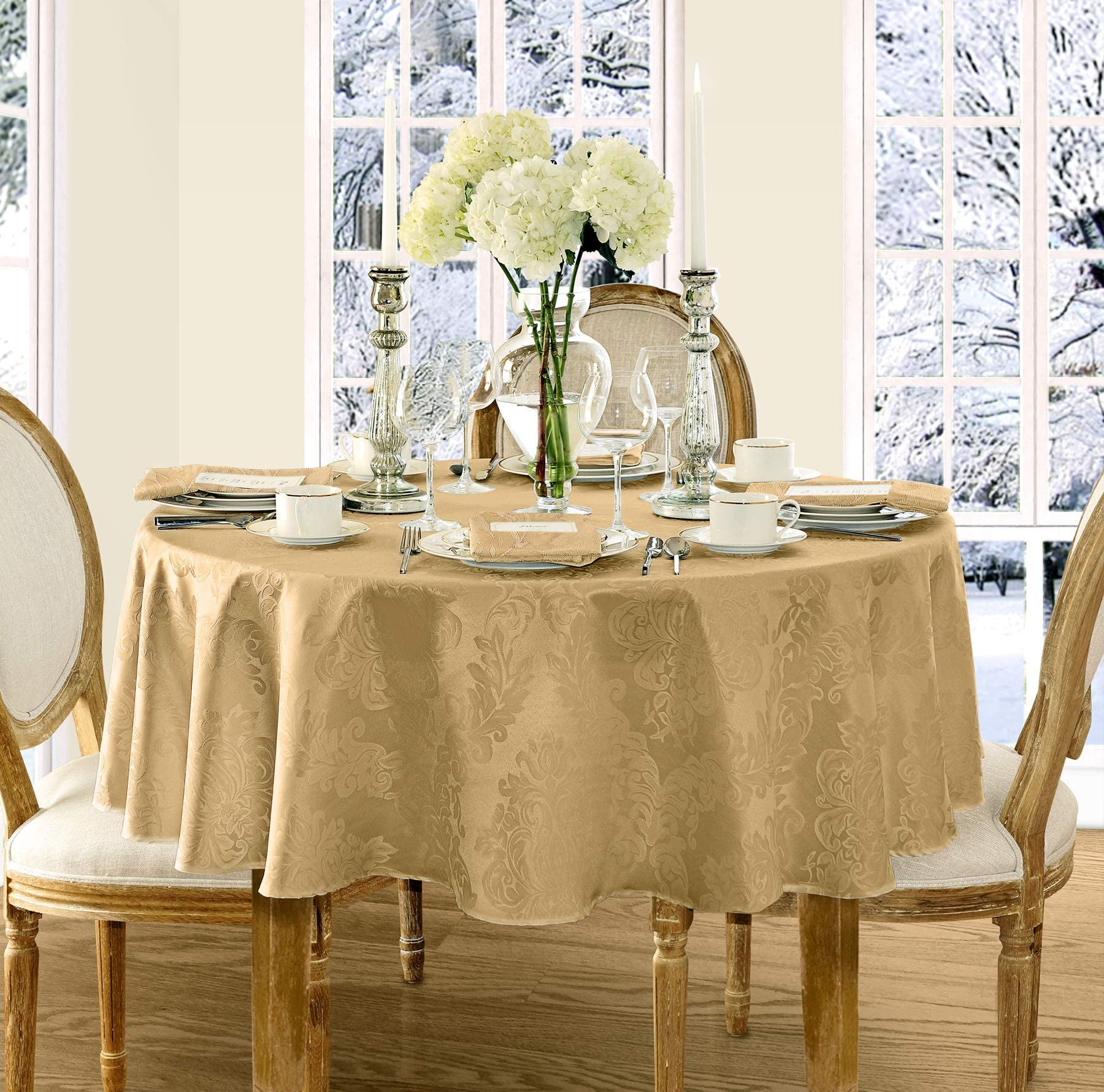 Gold Jacquard Damask Oval Tablecloth with Stain Protection