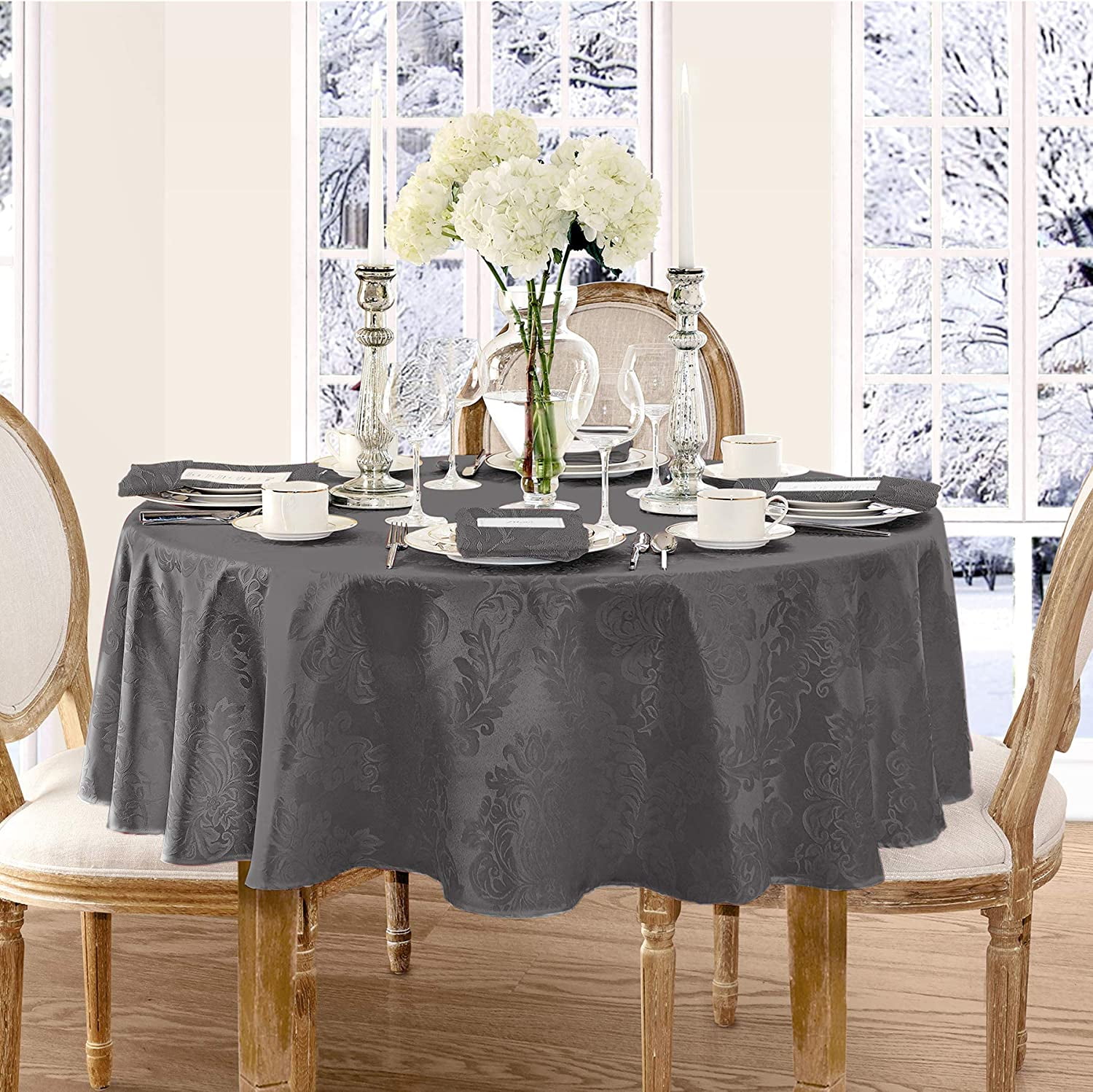 Newbridge Gray Damask Barcelona Scroll 60 x 84 inch Oval Fabric Holiday Dining Tablecloth