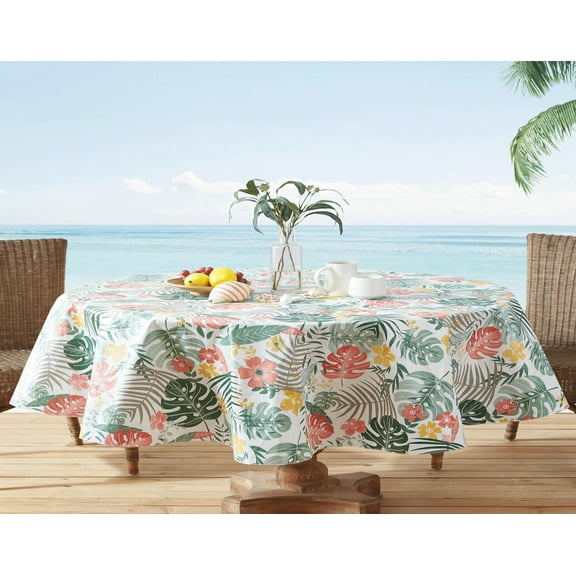 Newbridge Oval Flannel Backed Vinyl Tablecloth, 60 x 84 Inch, Palm Springs Tropical Table Cover