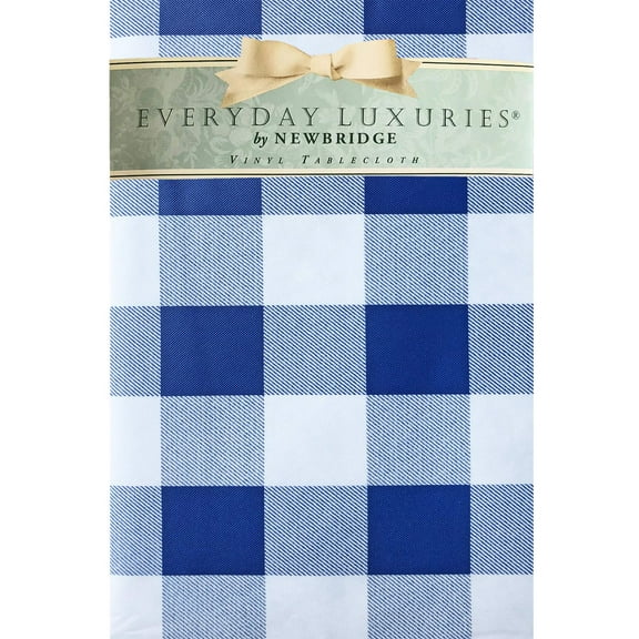 Newbridge Oval Vinyl Flannel Backed Tablecloth, 60 x 84 Inch, Blue Buffalo Check, Indoor Outdoor Vinyl Waterproof Table Cloth, Cottage Gingham Print