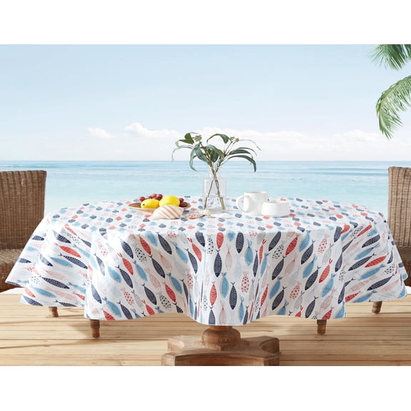 Newbridge Oval Vinyl Flannel Backed Tablecloth, 60 x 84 Inch, Fish School, Indoor/Outdoor Waterproof Table Cloth, Cape Cod Print, Summer Party