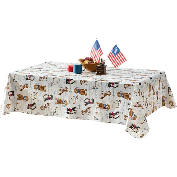Newbridge Patriotic Dogs and American Flag 52 x 70 inch Rectangle Vinyl Flannel Backed Tablecloth