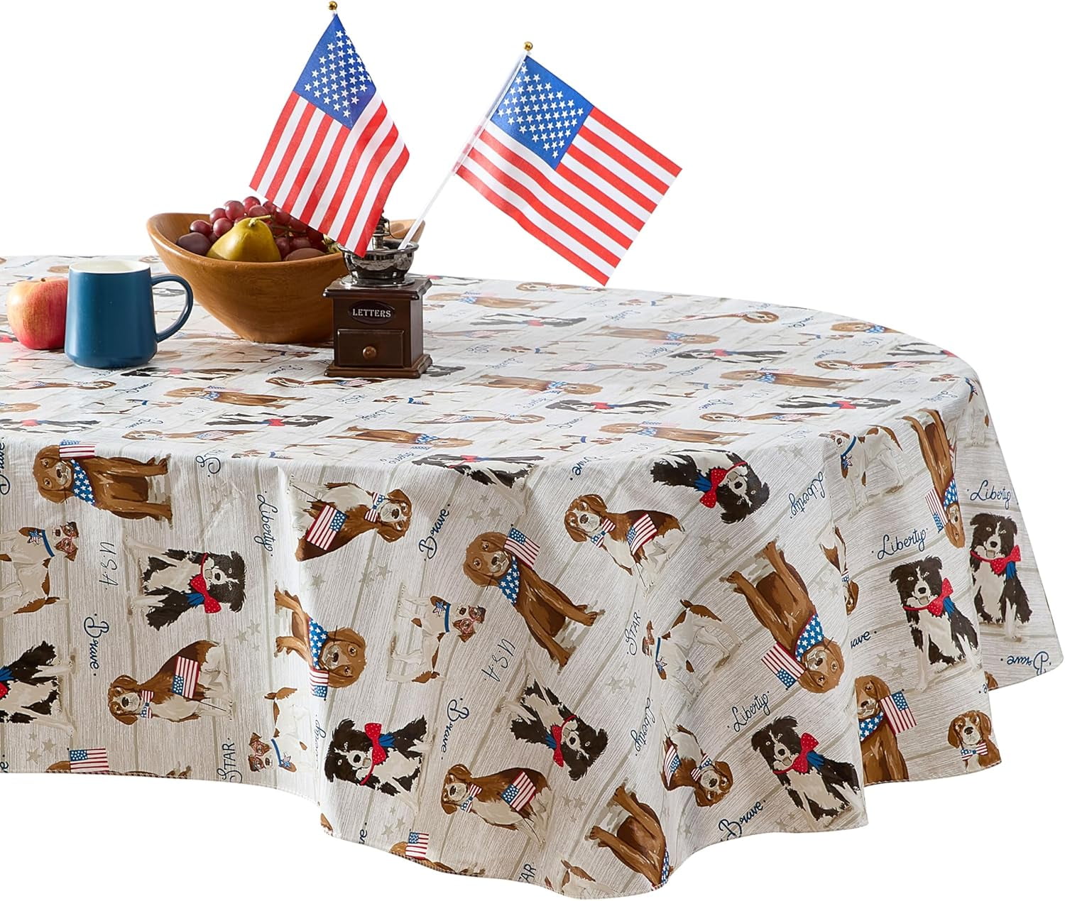 Newbridge Patriotic Dogs and American Flag 60 x 84 inch Oval Vinyl Flannel Backed Tablecloth