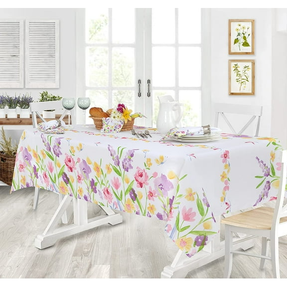 Newbridge Pink Green and Blue Floral Blooming Petals 52 x 70 inch Rectangle Fabric Tablecloth