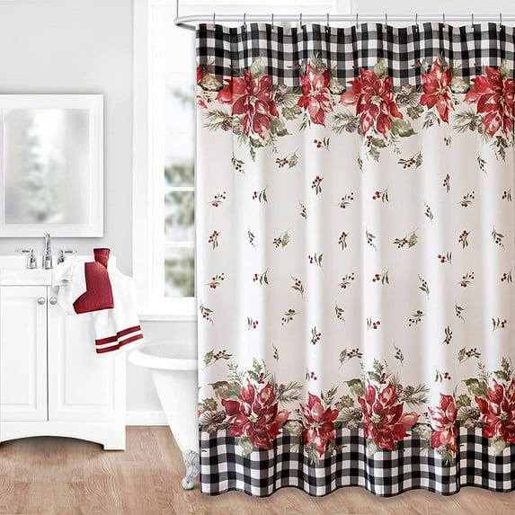 Newbridge Poinsettia Festivity Gingham Bordered Christmas Fabric Shower Curtain, Country Cottage Christmas Border Shower Curtain – 70” wide x 72” Long Shower Curtain