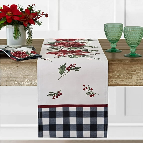 Newbridge Poinsettia Festivity Gingham Bordered Christmas Fabric Table Runner, Country Cottage Print Easy Care, Stain Release Table Runner - 70” Long Table Runner