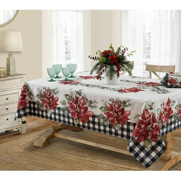 Newbridge Poinsettia Festivity Gingham Bordered Christmas Fabric Tablecloth, Country Cottage Print Easy Care, Stain Release Tablecloth, 52” x 52” Square