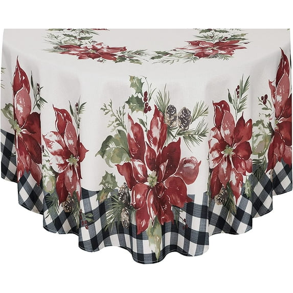 Newbridge Poinsettia Festivity Gingham Bordered Christmas Fabric Tablecloth, Country Cottage Print Easy Care, Stain Release Tablecloth, 70” Round