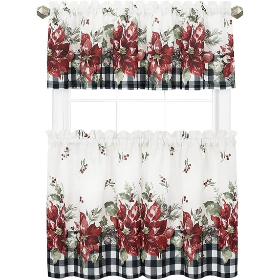 Newbridge Poinsettia Festivity Gingham Bordered Christmas Fabric Tier Curtain and Valance Set, Country Cottage Christmas Tier Set, 24” Long Tier Pair and Valance - 60" x 24" (Set of 2 Tiers & Valance)