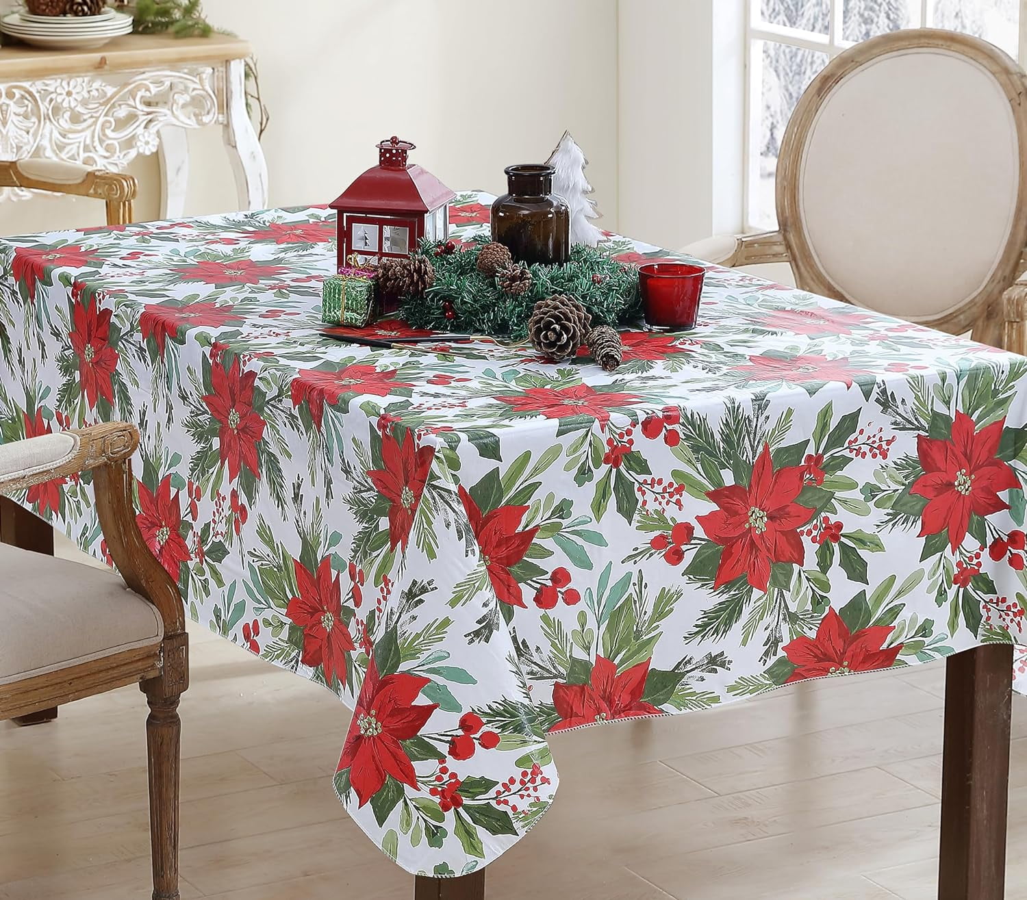 Newbridge Poinsettia Flourish Contemporary Vinyl Flannel Back Christmas Tablecloth, Red
