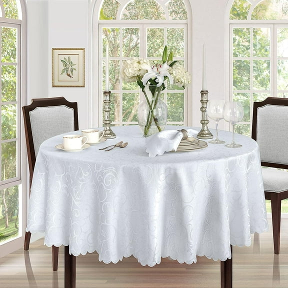 Newbridge Portofino Scalloped Damask Fabric Tablecloth Wrinkle and Stain Resistant Dining Room, Party and Banquet Tablecloth, 60” Wide x 102” Oval, White