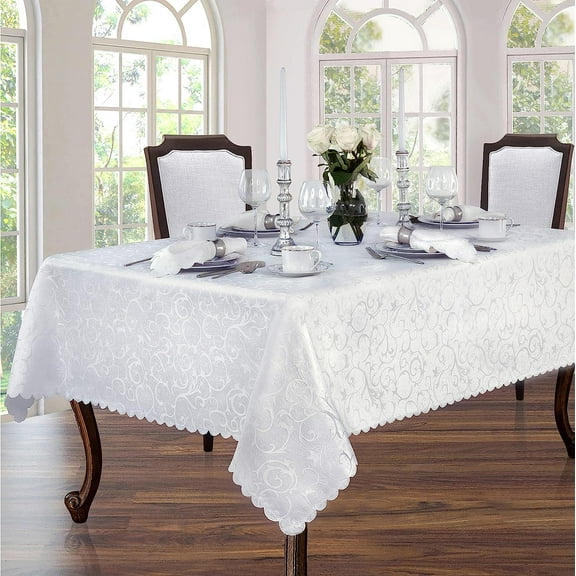 Newbridge Portofino Scalloped Damask Fabric Tablecloth, Wrinkle and Stain Resistant Fine Dining and Holiday Tablecloth, 52 Inch x 52 Inch Square, White