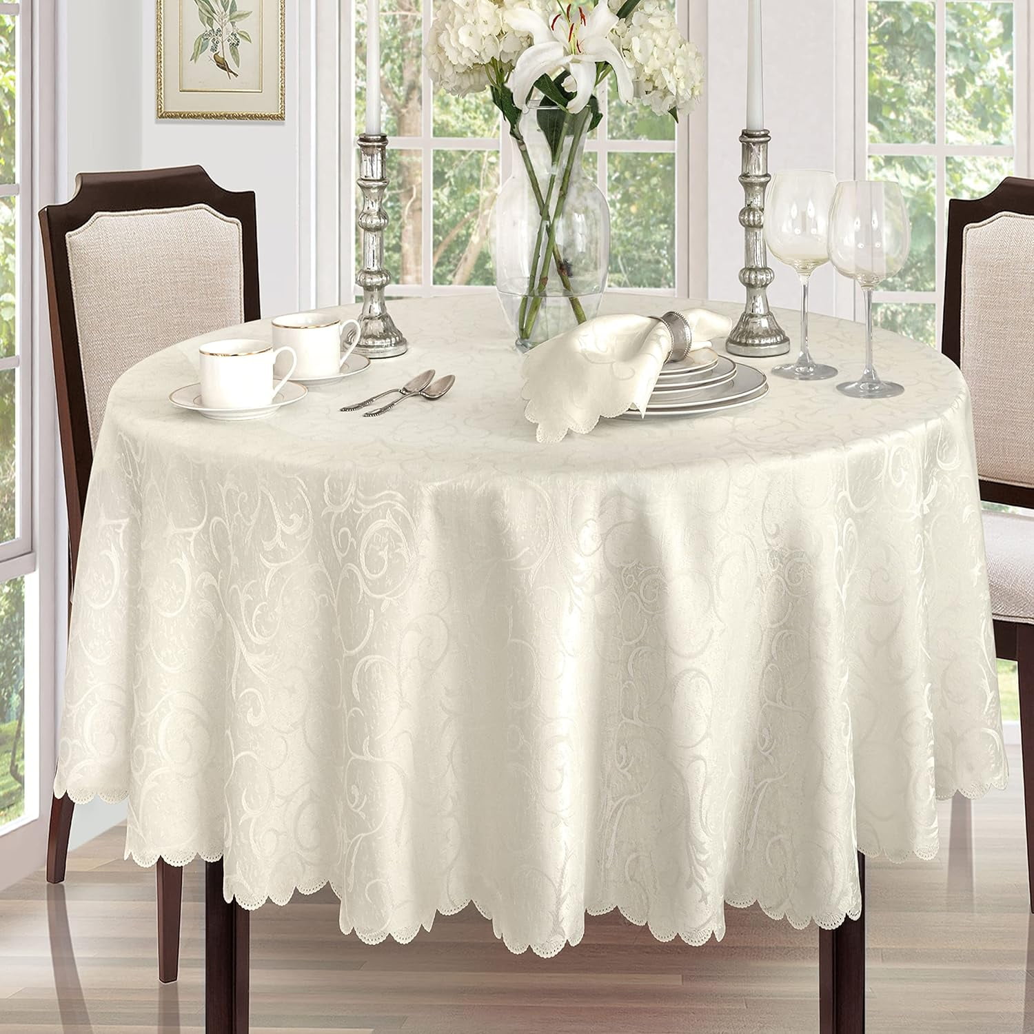 Newbridge Portofino Scalloped Damask Fabric Tablecloth, Wrinkle and