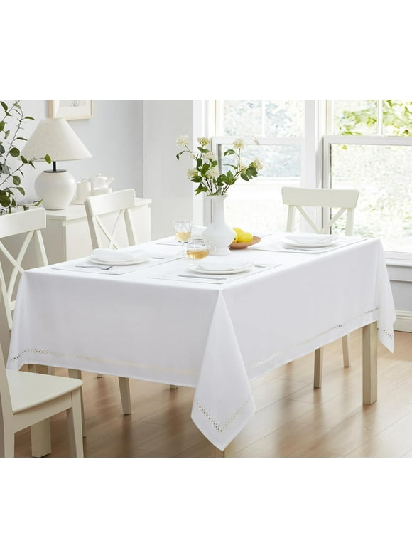 Newbridge Provence Spring Lattice Cutwork Solid Color Textured, 52 x 52 Inch Square, Water and Stain Resistant Easy Care Fabric Tablecloth, White