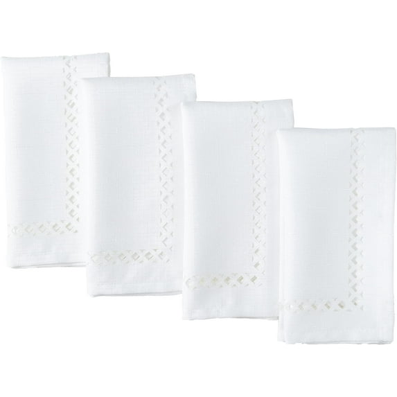Newbridge Provence Lattice Cutwork Solid Color Textured Fabric Napkins, Set of 4 Napkins, White
