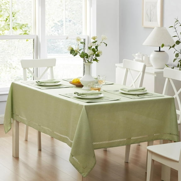 Newbridge Provence Lattice Cutwork Solid Color Textured Fabric Tablecloth, 52 x 52 Inch Square, Sage Green