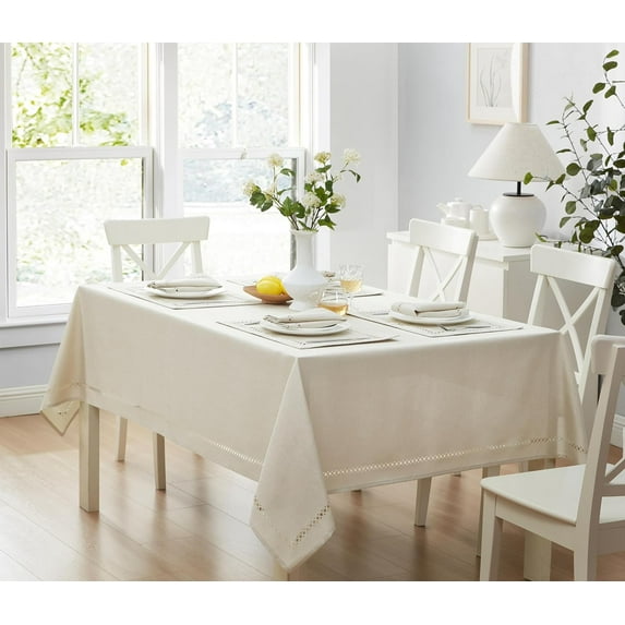 Newbridge Provence Lattice Cutwork Solid Color Textured Fabric Tablecloth, 52 x 70 Inch Rectangle, Ivory