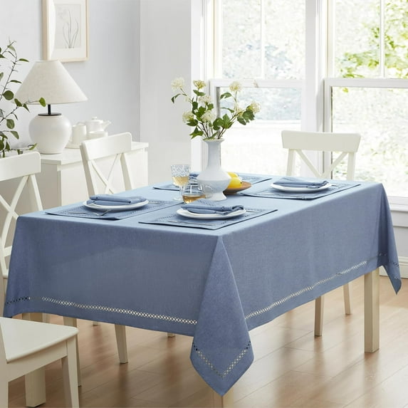 Newbridge Provence Lattice Cutwork Solid Color Textured Fabric Tablecloth, 60 x 120 Inch Rectangle, Wedgewood Blue