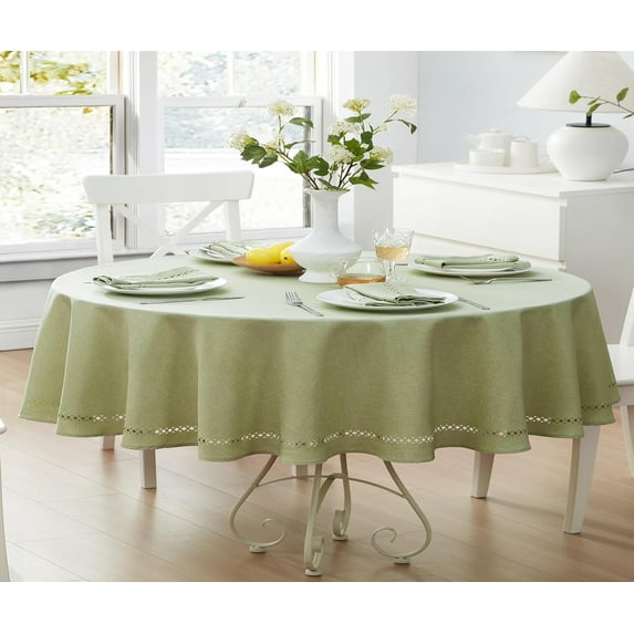 Newbridge Provence Lattice Cutwork Solid Color Textured Fabric Tablecloth, 60 x 84 Inch Oval, Sage Green