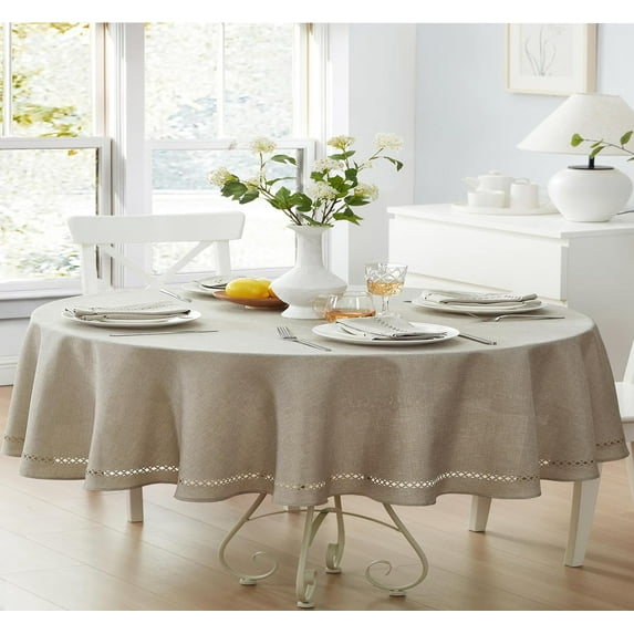 Newbridge Provence Lattice Cutwork Solid Color Textured Fabric Tablecloth, 60 x 84 Inch Oval, Taupe