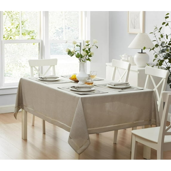 Newbridge Provence Lattice Cutwork Solid Color Textured Fabric Tablecloth, 60 x 84 Inch Rectangle, Taupe