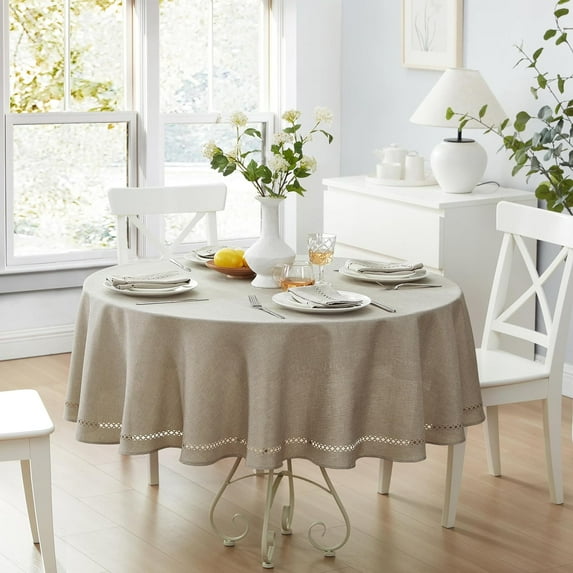 Newbridge Provence Lattice Cutwork Solid Color Textured Fabric Tablecloth, 70 Inch Round, Taupe