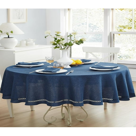Newbridge Provence Lattice Cutwork Solid Color Textured Fabric Tablecloth, 60 x 84 Inch Oval, Denim Blue