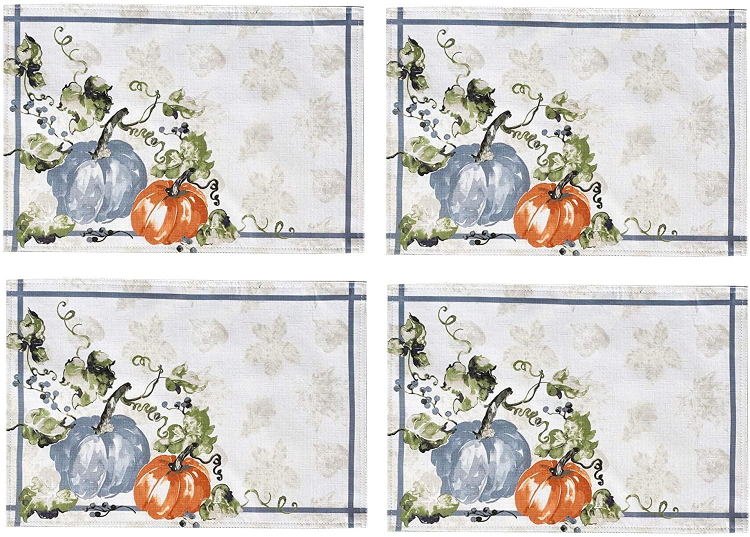 Stonewashed Blue and Orange Pumpkin Vine Fabric Placemats, Set of 4