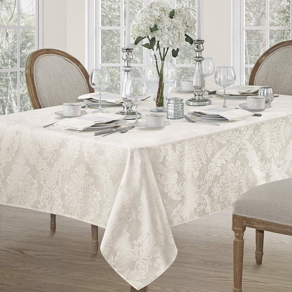 Newbridge Antique White Damask Barcelona Scroll 60 x 102 inch Rectangle Fabric Dining Tablecloth