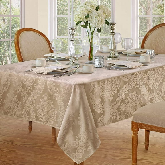 Newbridge Gold Beige Damask Barcelona Scroll 60 x 120 inch Rectangle Fabric Holiday Dining Tablecloth