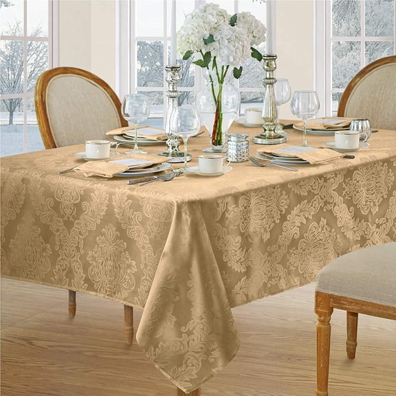 Newbridge Gold Damask Barcelona Scroll 60 x 144 inch Rectangle Fabric Holiday Dining Tablecloth