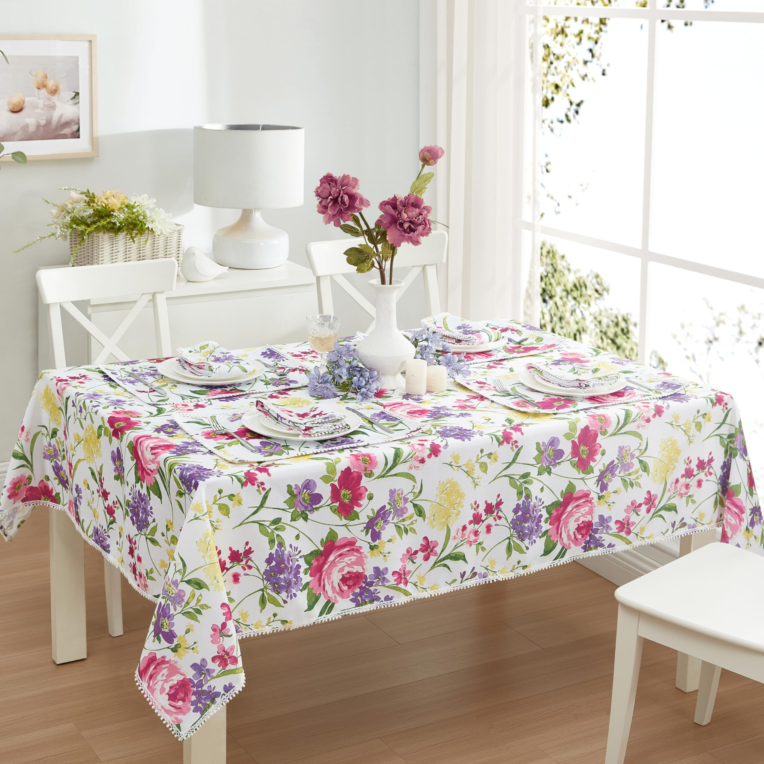 Sophia Pom Pom Floral Embroidered Rectangular Fabric Tablecloth