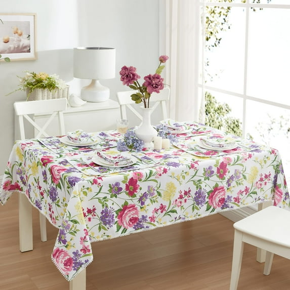 Newbridge Sophia Pom Pom Yellow Pink and Purple Flowers 60 x 84 inch Rectangle Fabric Tablecloth