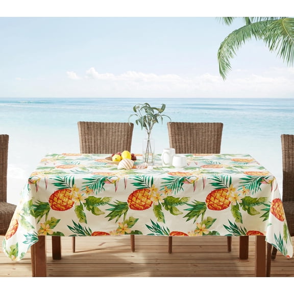 Newbridge Rectangle Vinyl Flannel Backed Tablecloth, 60 x 84 Inch, Hawaii Tropical Palms and Pineapples