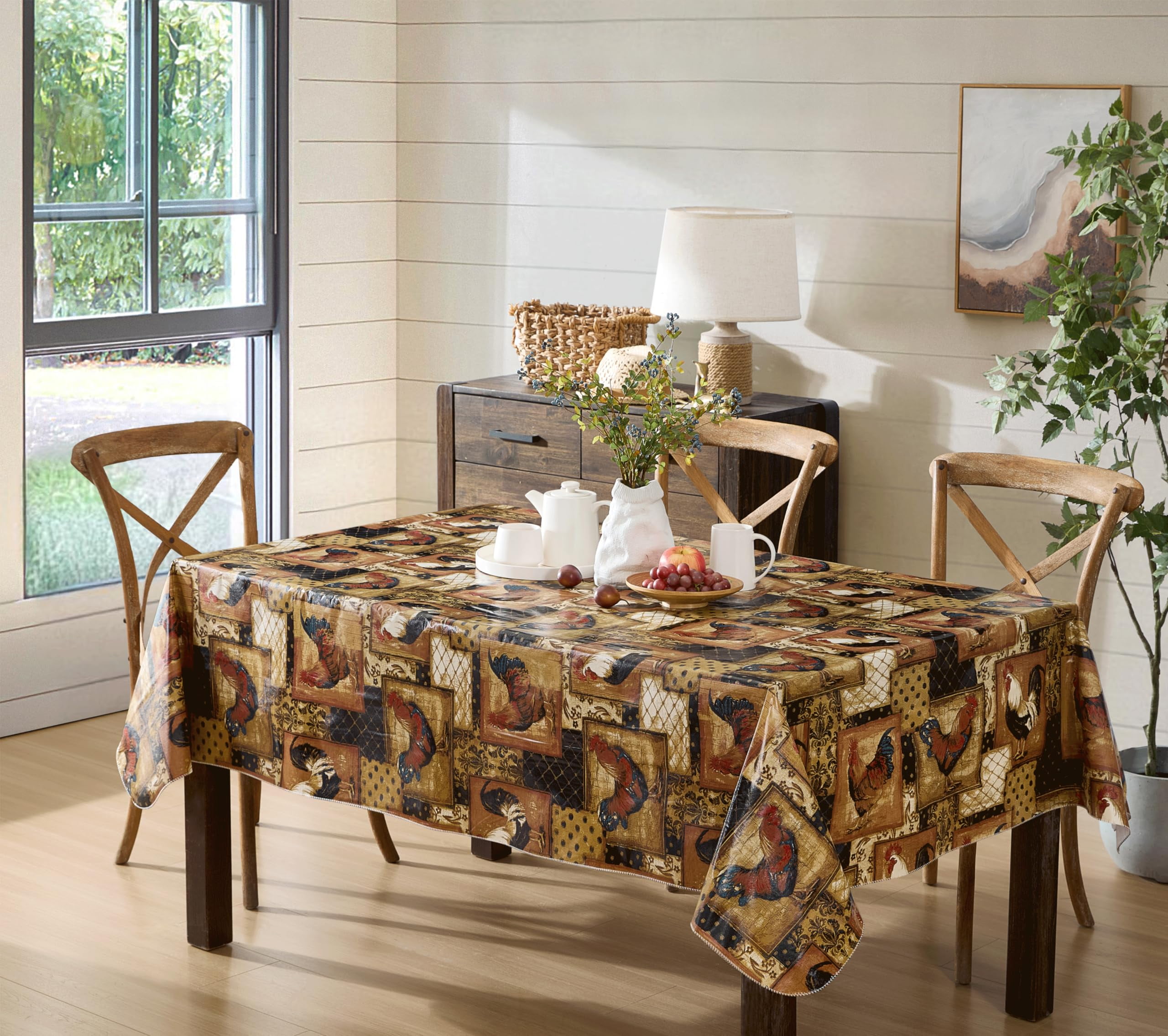 Vintage Rustic Rooster Rectangular Vinyl Tablecloth with Flannel Backing