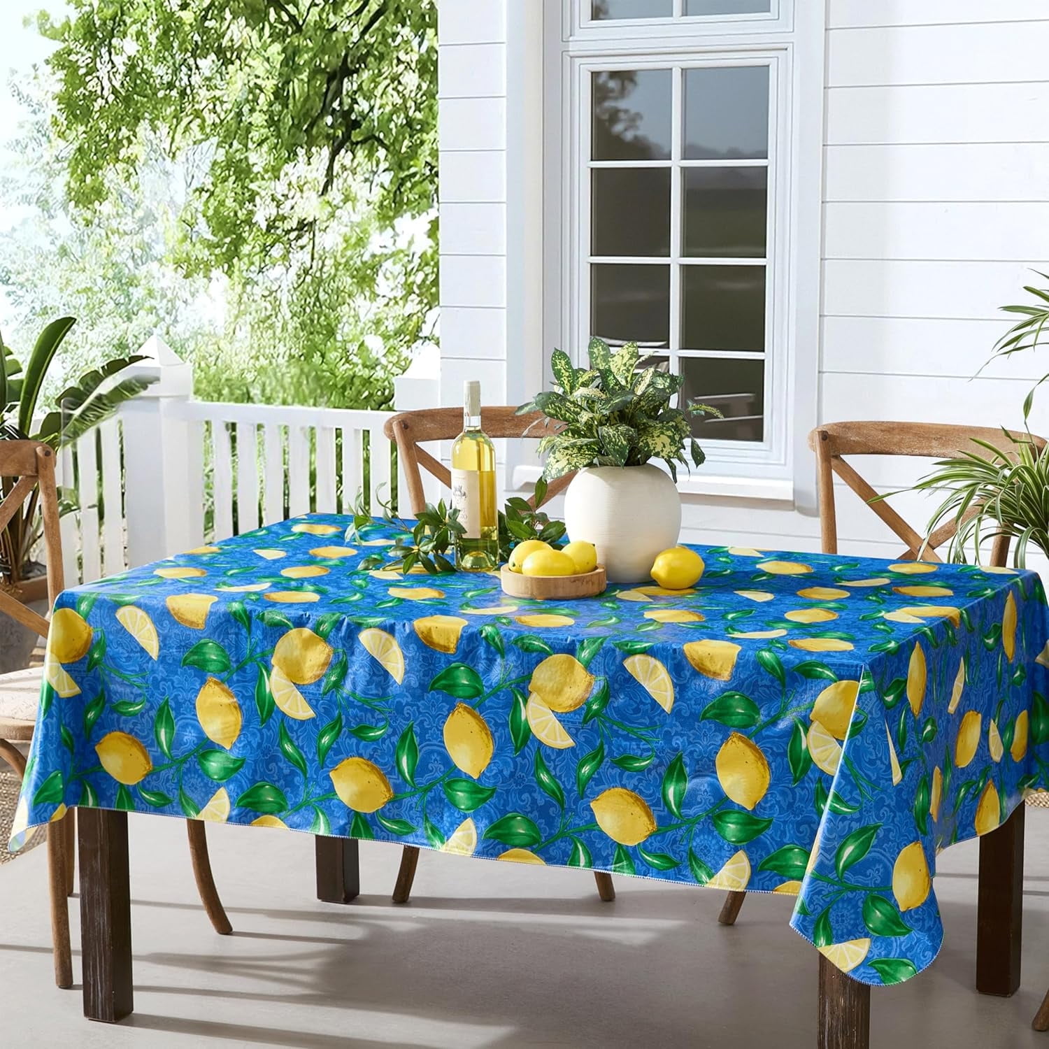 Blue and Yellow Lemon Print Rectangular Vinyl Tablecloth