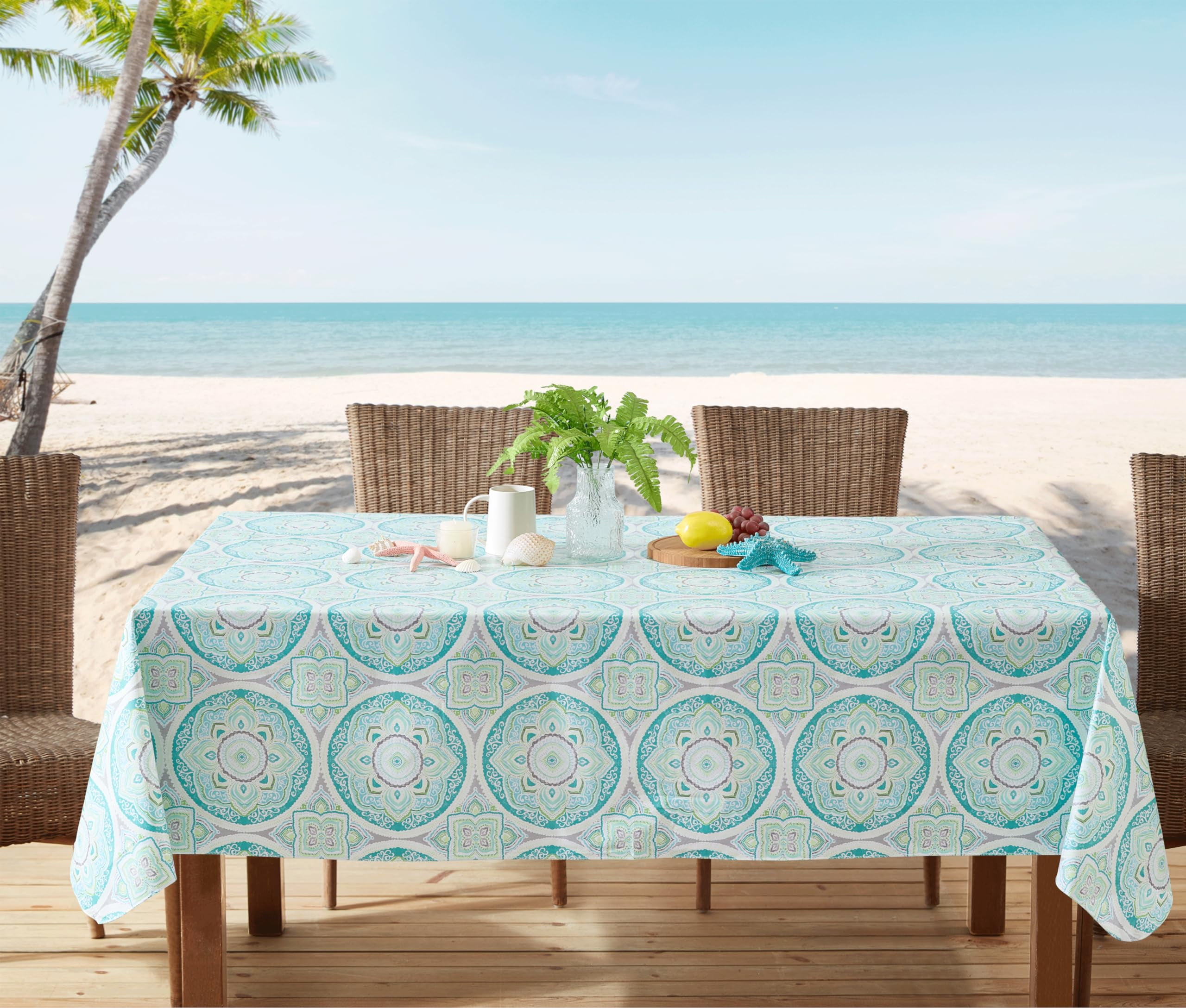 Sea Green Mediterranean Vinyl Tablecloth with Flannel Backing, 60 x 120 Inch