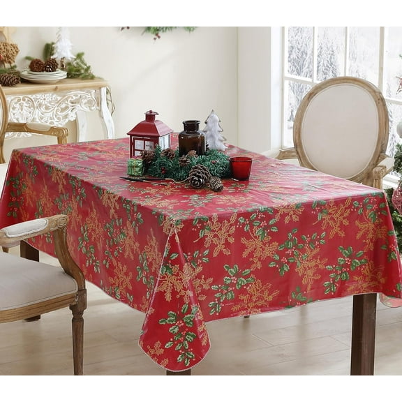 Newbridge Red Golden Holly and Berry Christmas 60 x 120 inch Rectangle Vinyl Flannel Backed Tablecloth