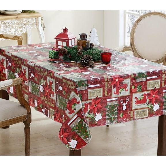 Christmas Red Sleigh Bells Ring Country 60 x 84 inch Rectangle Vinyl Flannel Backed Dining Tablecloth