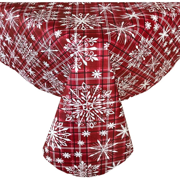 Newbridge Red Snowfall Snowflake Plaid Christmas Print Vinyl Flannel Backed Tablecloth, Rustic Red Snowflake Vinyl Tablecloth, 52 Inch x 52 Inch Square