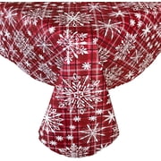 Newbridge Red Snowfall Snowflake Plaid Christmas Print Vinyl Flannel Backed Tablecloth, Rustic Red Snowflake Vinyl Tablecloth, 60 Inch x 102 Inch Oblong/Rectangle