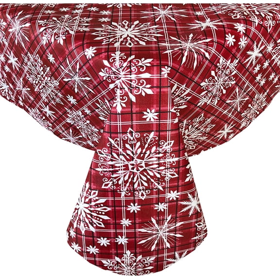 Newbridge Red Snowfall Snowflake Plaid Christmas Print Vinyl Flannel Backed Tablecloth, Rustic Red Snowflake Vinyl Tablecloth, 60 Inch x 102 Inch Oblong/Rectangle