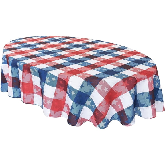 Newbridge Red White and Blue American Tossed Stars 60 x 84 inch Oval Fabric Tablecloth