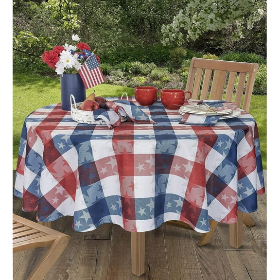 Newbridge Red White and Blue American Tossed Stars 70 inch Round Fabric Tablecloth