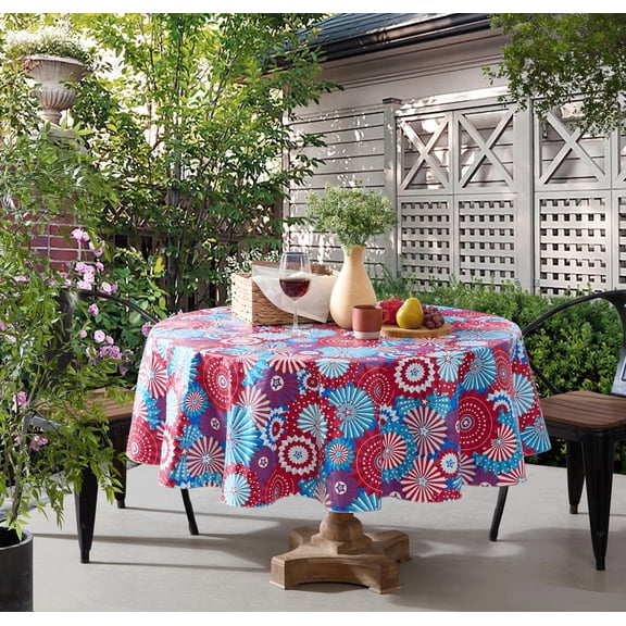 Newbridge Red White and Blue USA Pinwheel 70 inch Round Vinyl Tablecloth with Flannel Backing