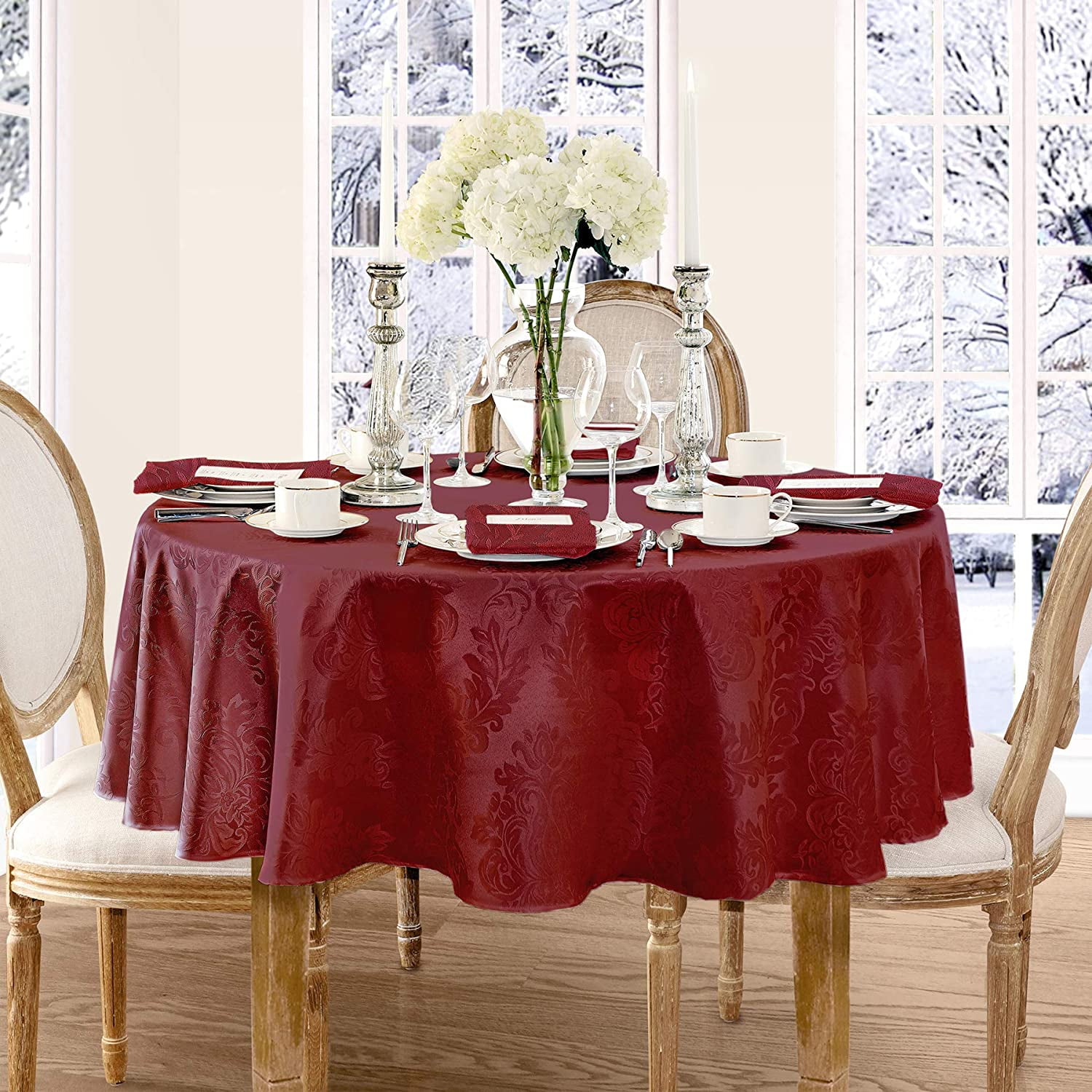 Burgundy Jacquard Damask Round Polyester Tablecloth